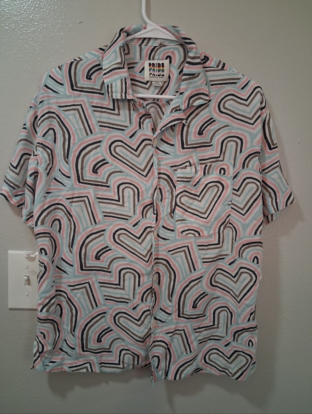 Short-Sleeve Button-Up Shirt — Pastel Multi Heart Print